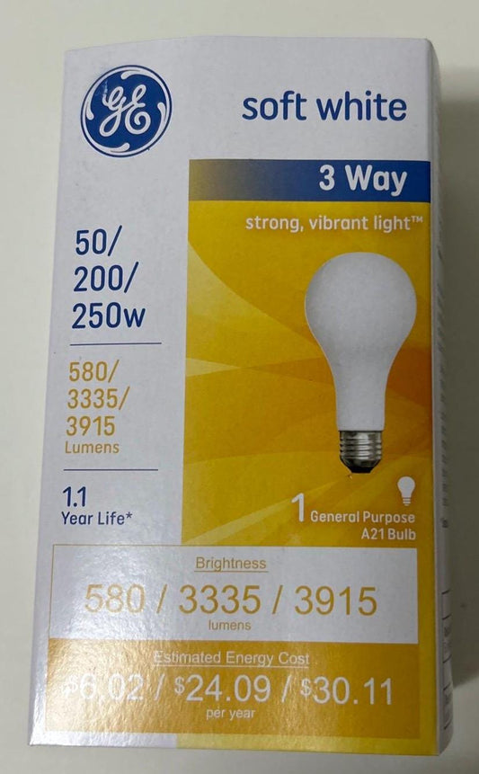 GE 3 Way Soft White Light Bulb Dimmable 50/200/250w A21 Classic old style bulb