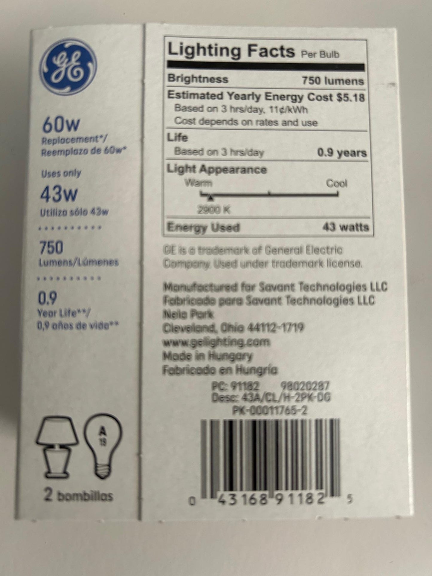 GE 60W Dimmable Crystal Clear Light Bulbs: E26 Base, A19 (2-Pack)