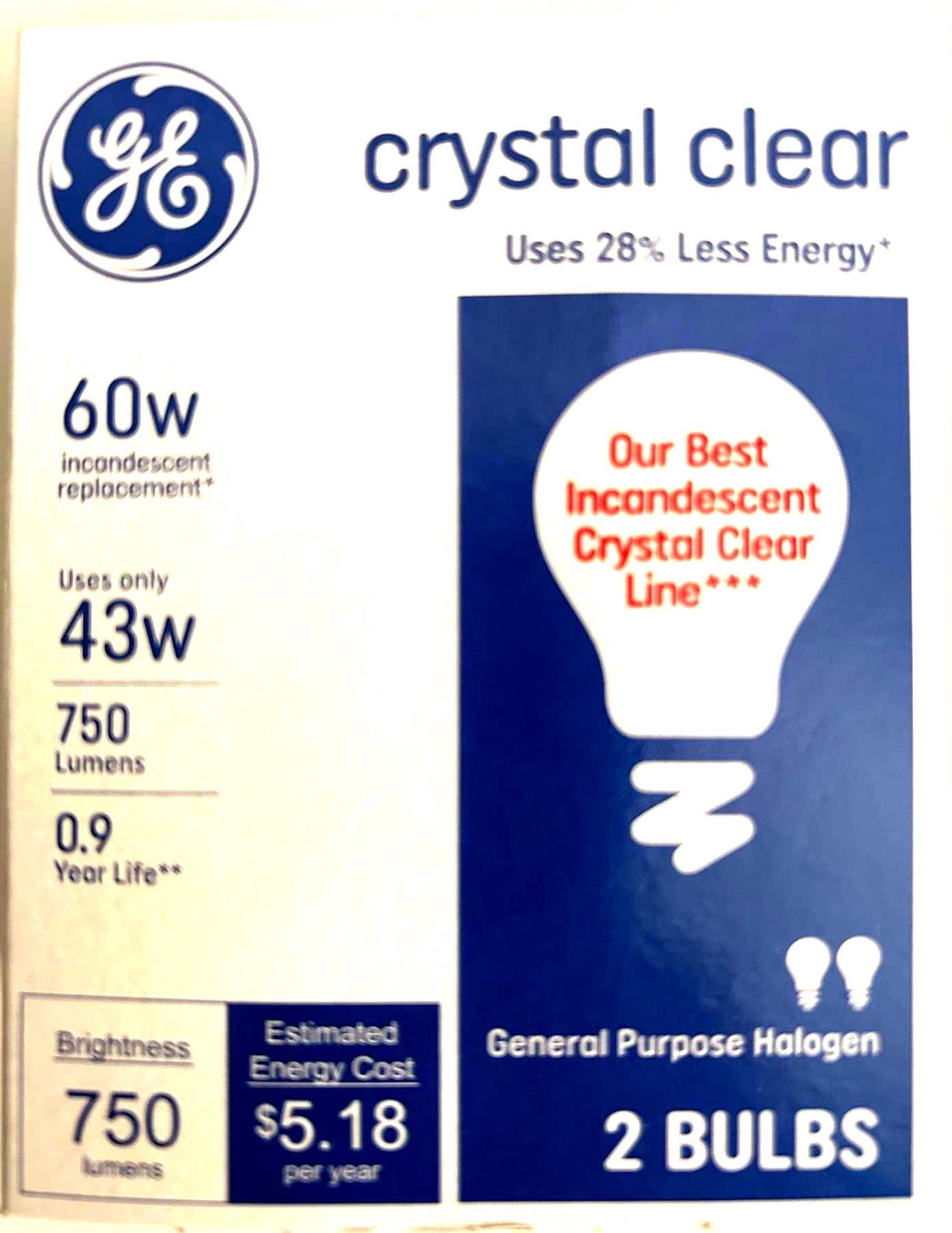 GE 60W Dimmable Crystal Clear Light Bulbs: E26 Base, A19 (2-Pack)