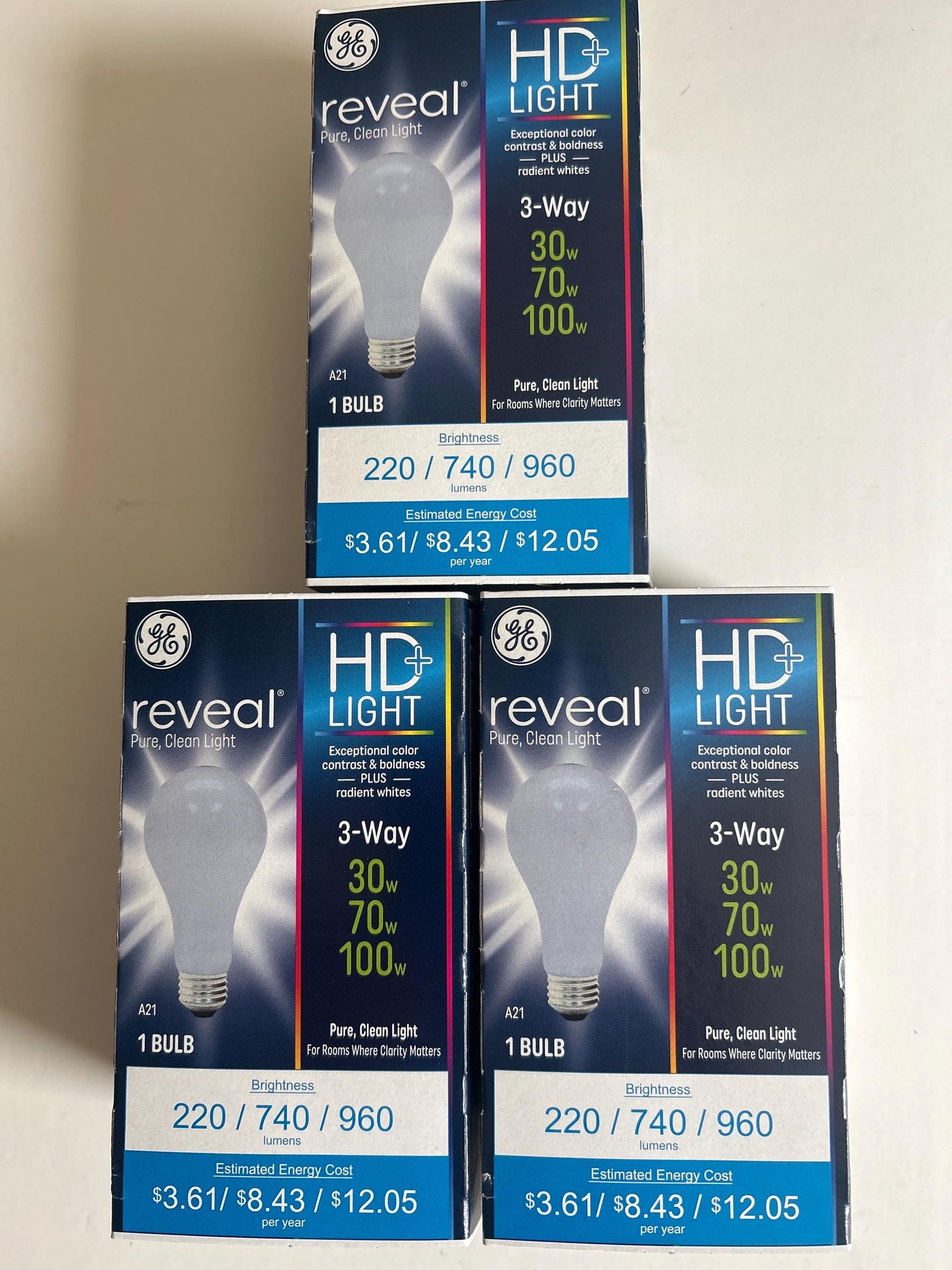 GE Reveal A21 Light Bulbs: 3-Way 30/70/100W, 3-Pack