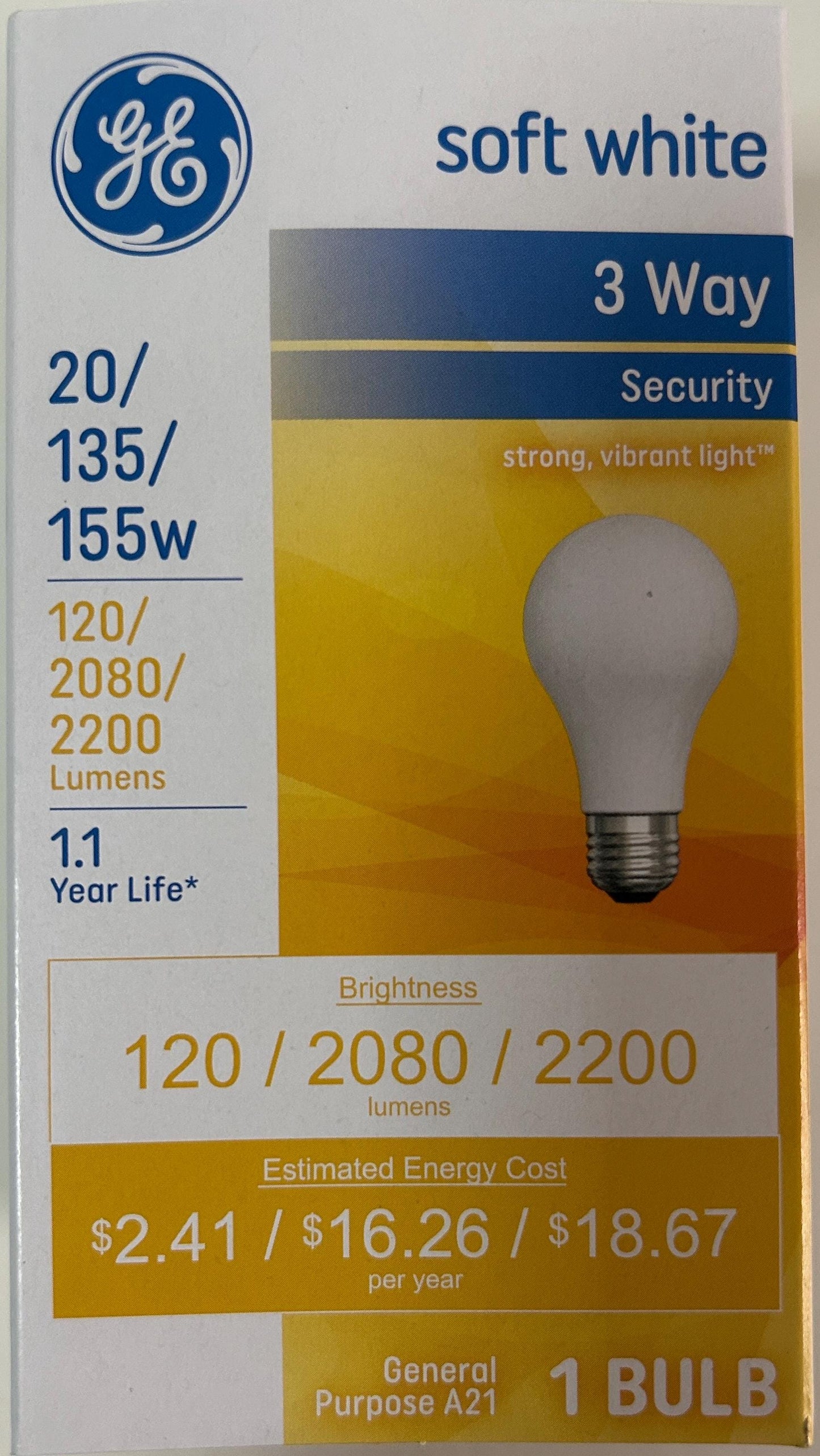 GE 3-Way Soft White Light Bulb: 20/135/155W A21, E26 Base