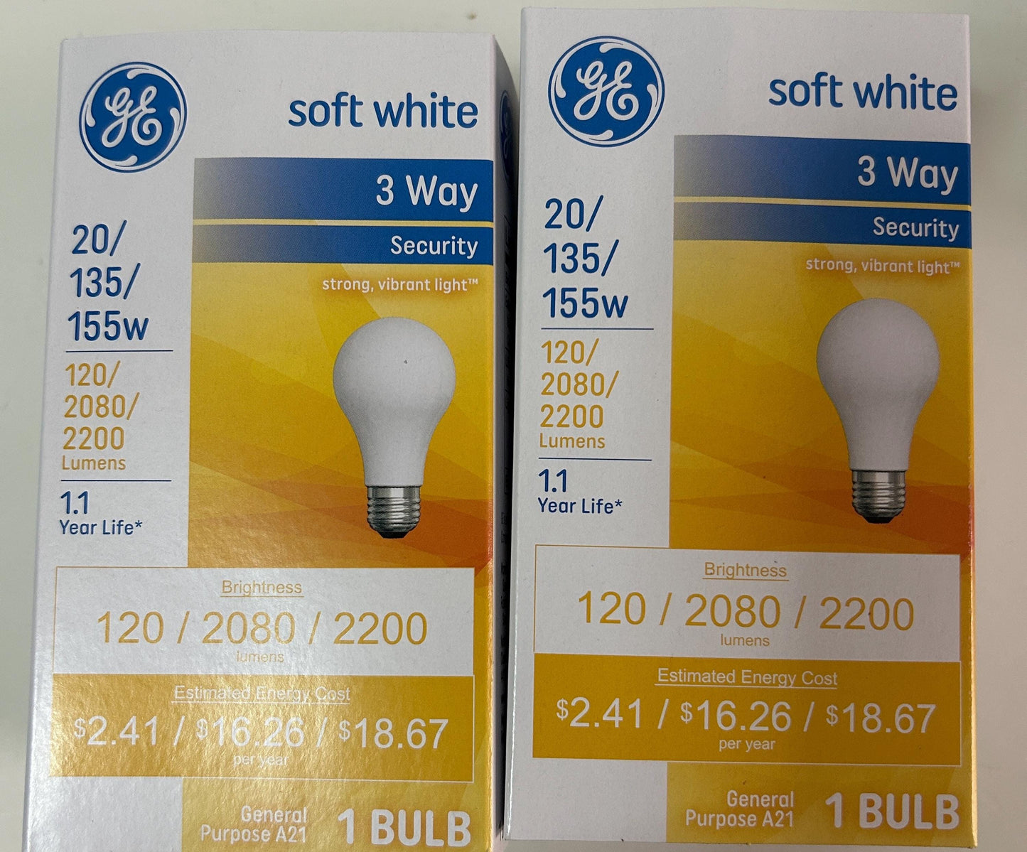 GE 3-Way Soft White Light Bulb 20/135/155W A21 - 2 Pack
