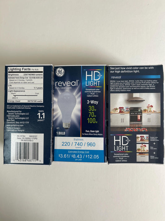 GE Reveal A21 Light Bulbs: 3-Way 30/70/100W, 3-Pack