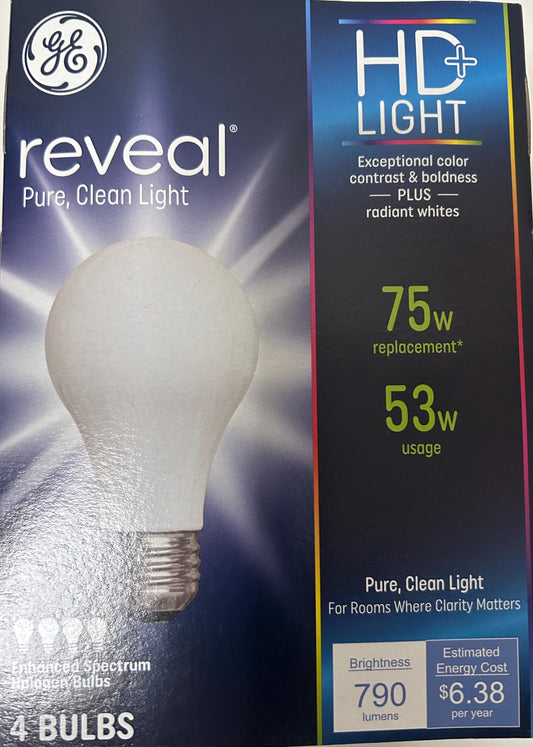 GE Reveal HD 75W Equivalent Light Bulbs: 53W, 790 Lumens, 8-Pack