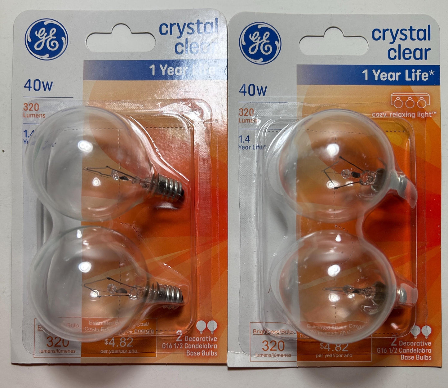 GE Crystal Clear Globe Light Bulbs: 40W E12 Candelabra Base, Dimmable, 2-Pack