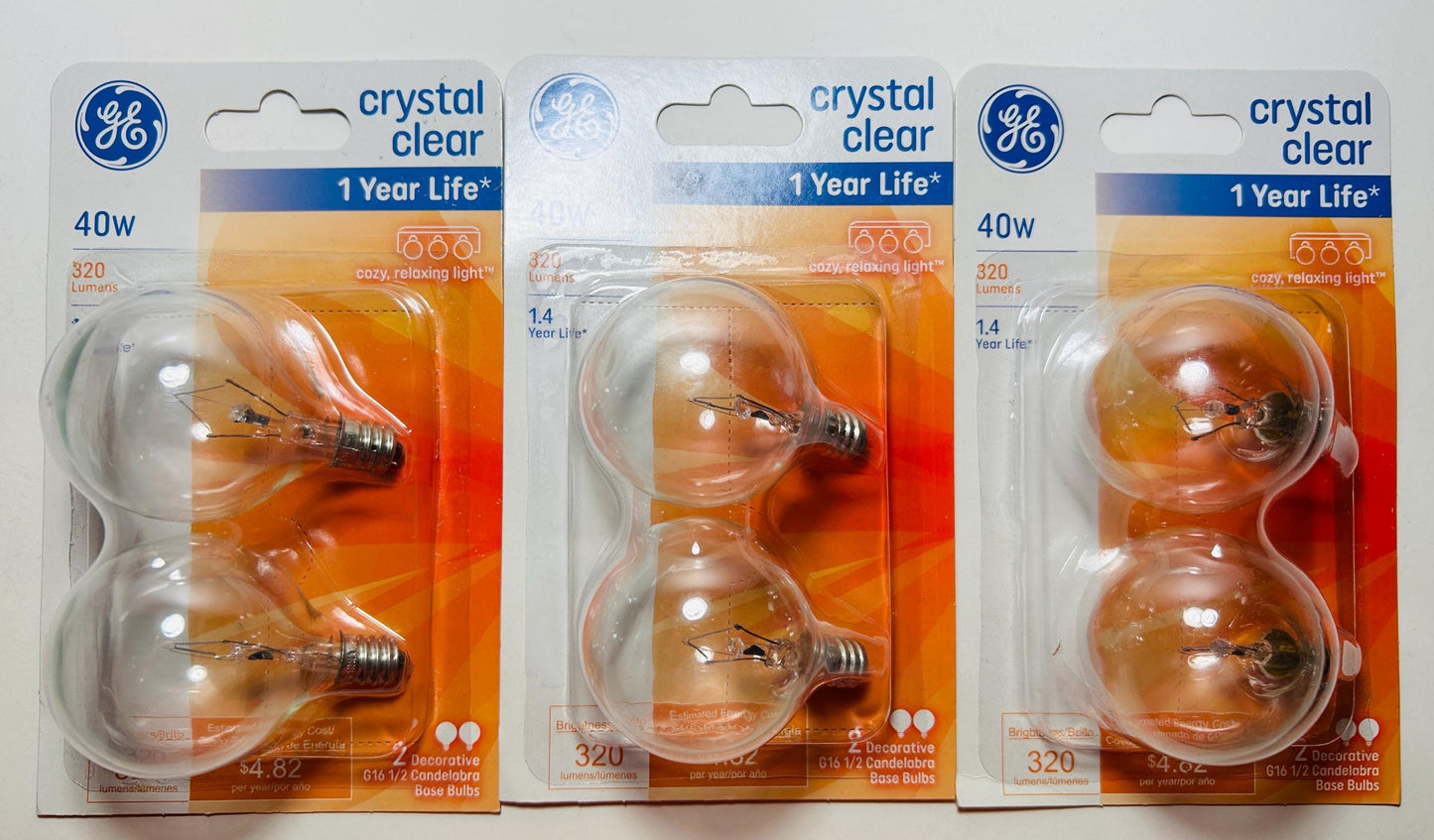 GE Crystal Clear Globe Light Bulbs: 40W E12 Candelabra Base, Dimmable, 2-Pack