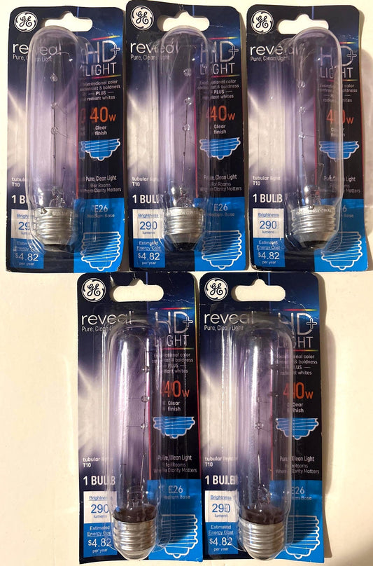 GE Reveal 40-Watt Tubular Light Bulbs: E26 Base, 5-Pack