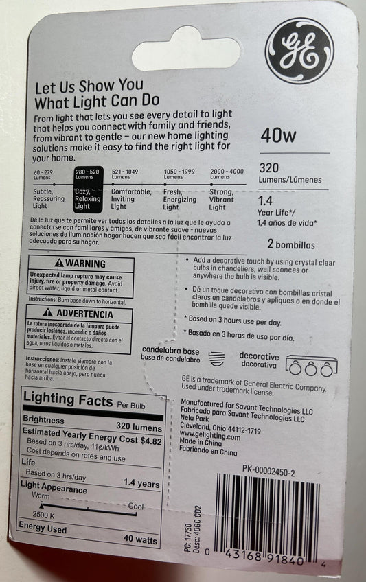 GE Crystal Clear Globe Light Bulbs: 40W E12 Candelabra Base, Dimmable, 2-Pack