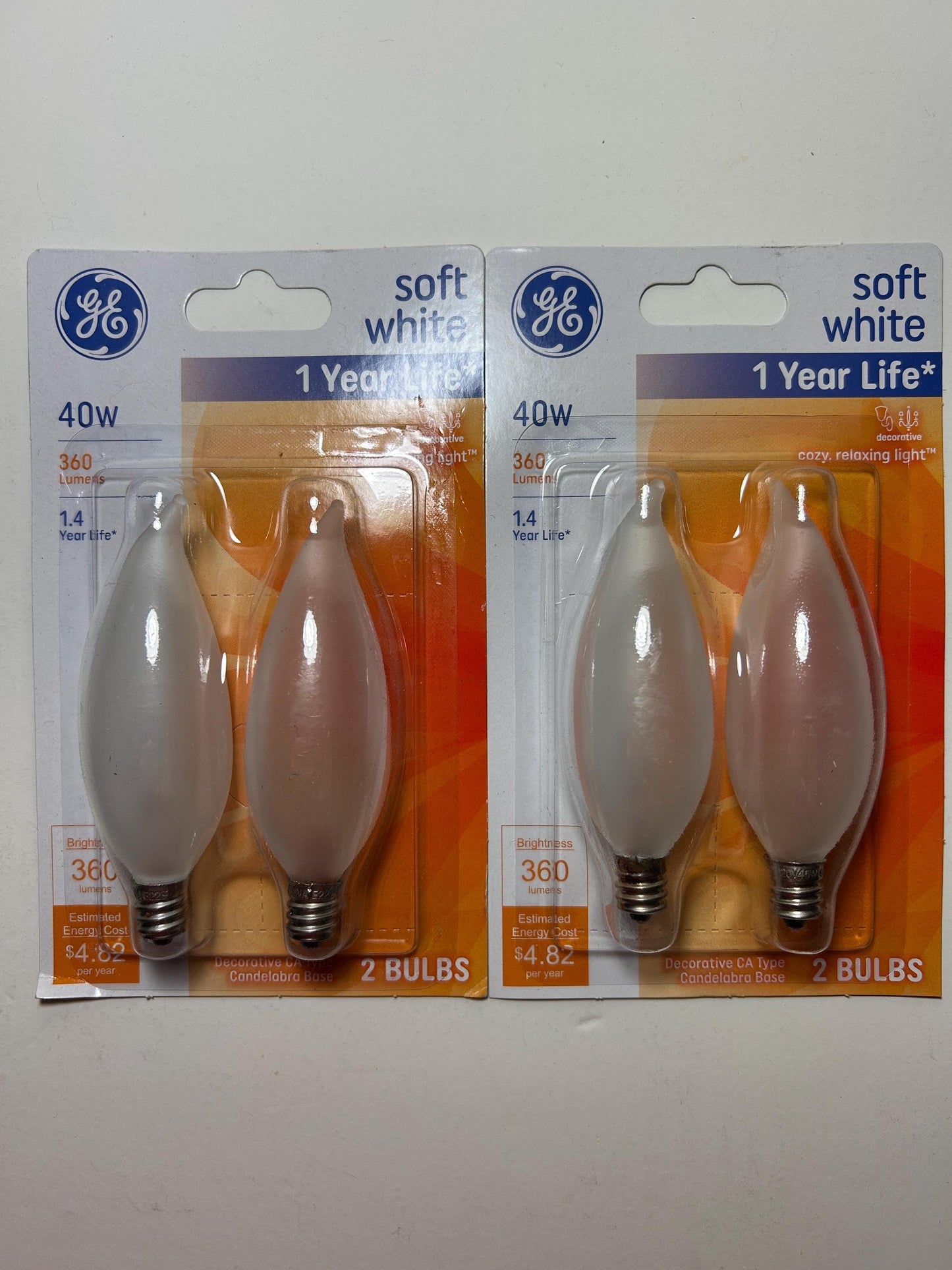 GE 40W Soft White Candelabra Bulbs: E12 Intermediate Base, 360 Lumens (2-Pack)