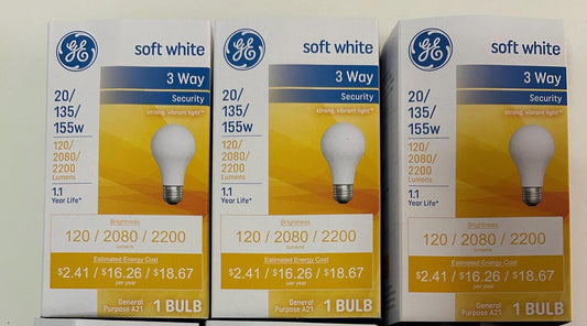 GE 3 Way Soft White Light Bulb 20/135/155w A21 Shape Old Style Basic 3 Packs of light bulbs
