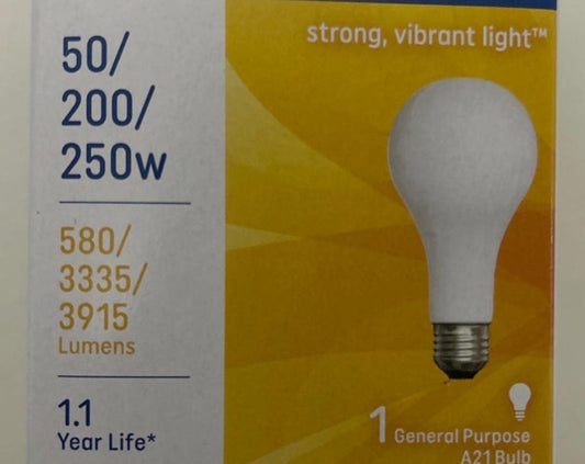 GE 3 Way Soft White Light Bulb Dimmable 50/200/250w A21 Classic old style bulb