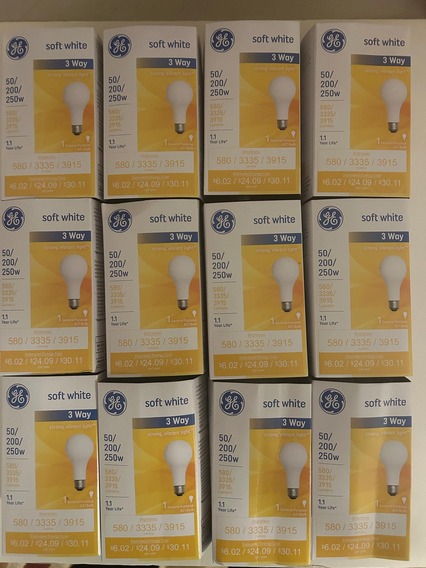 GE 3-Way Soft White Light Bulbs: 50/200/250W, E26 Base, 12-Pack