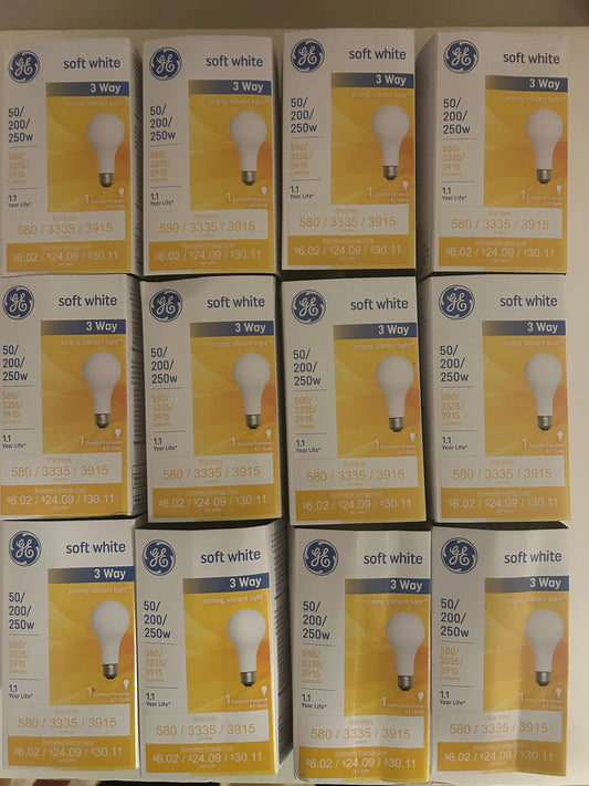 GE 3-Way Soft White Light Bulbs: 50/200/250W, E26 Base, 12-Pack