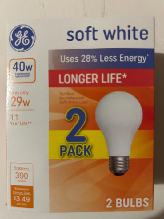 GE 40W Soft White Light Bulbs - A19 E26 - 2 Pack