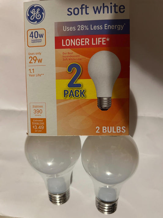 GE 40W Soft White Light Bulbs - A19 E26 - 2 Pack