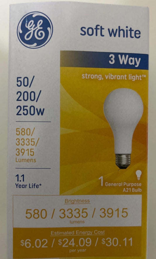 GE 3 Way Soft White Light Bulb Dimmable 50/200/250w A21 Classic old style bulb