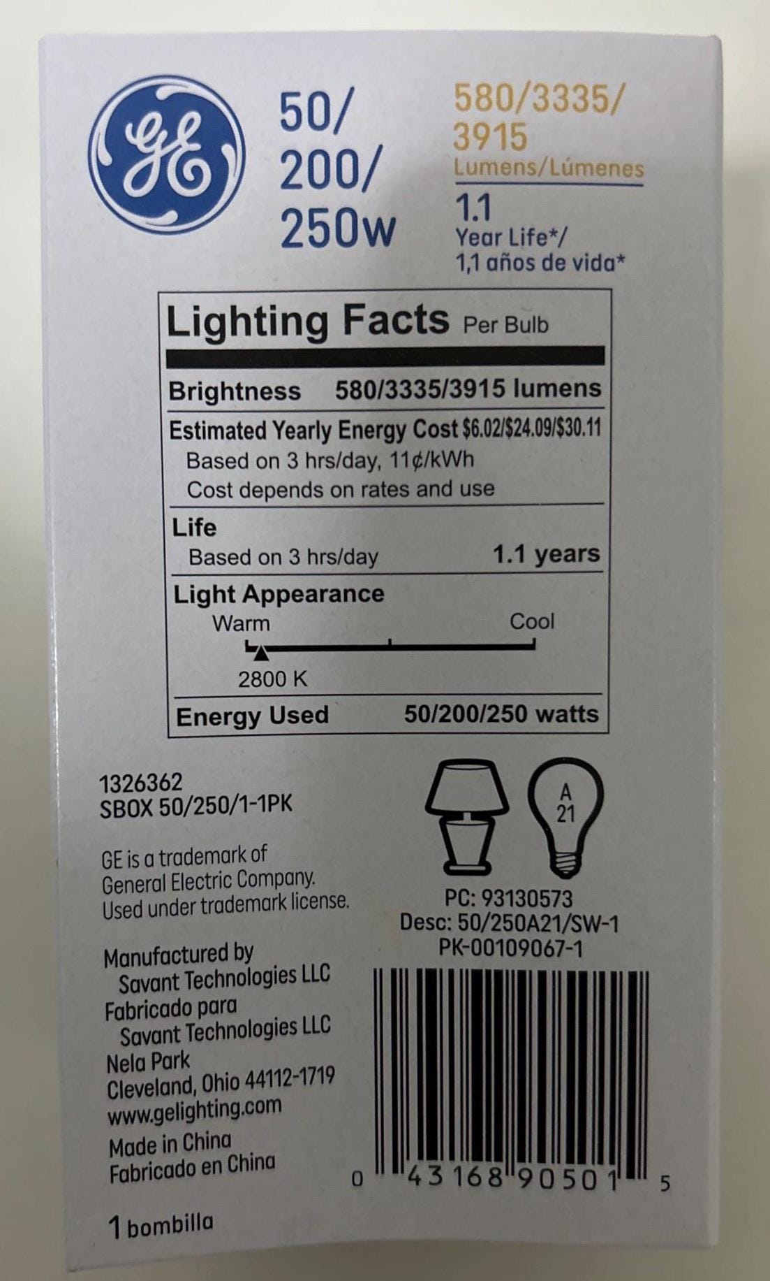 GE 3 Way Soft White Light Bulb Dimmable 50/200/250w A21 Classic old style bulb