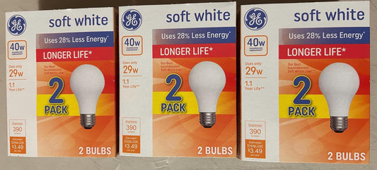 GE 40W Soft White Light Bulbs: 390 Lumens, Dimmable, E26 Base