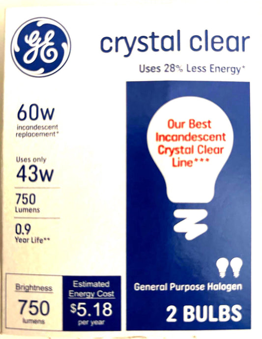 GE 60W Dimmable Crystal Clear Light Bulbs: E26 Base, A19 (2-Pack)