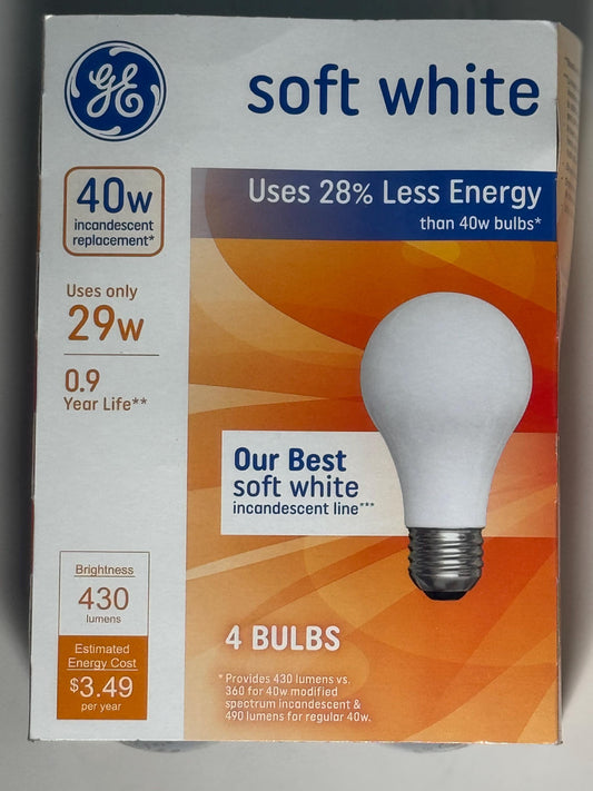 GE 40W Soft White Edison Bulb Replacement: A19 E26 (4-Pack, Non-LED, Dimmable, 390 Lumen)