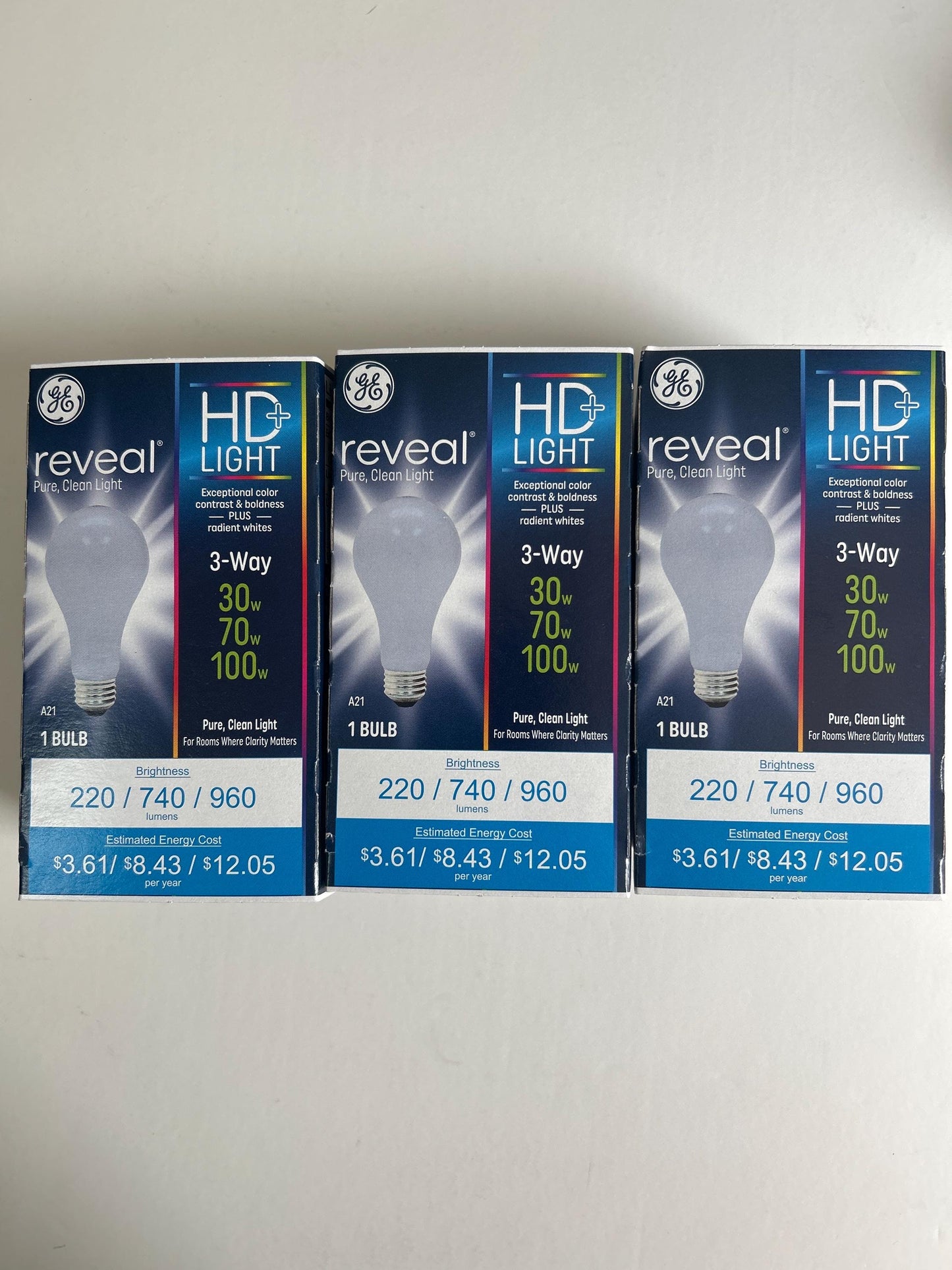 GE Reveal A21 Light Bulbs: 3-Way 30/70/100W, 3-Pack