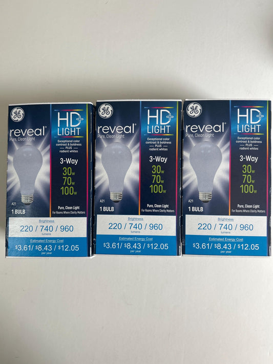 GE Reveal A21 Light Bulbs: 3-Way 30/70/100W, 3-Pack