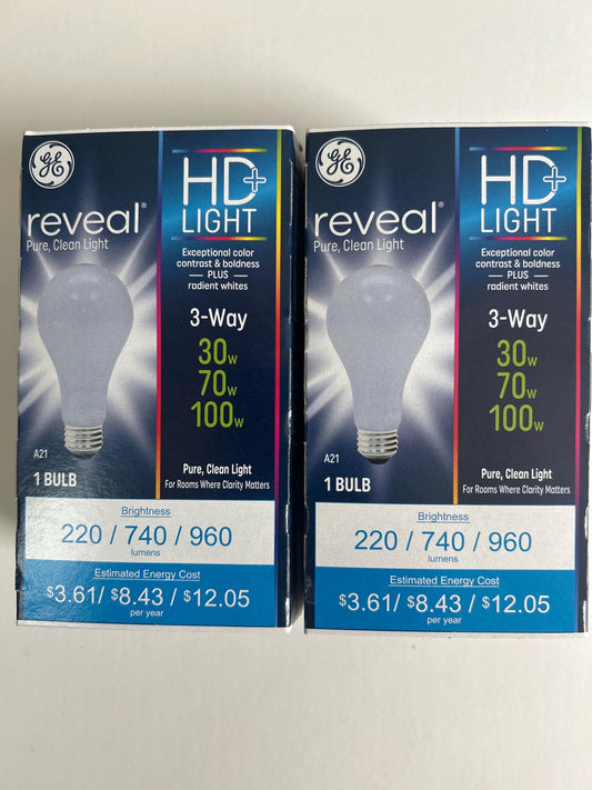 GE Reveal - A21 - 3 Way Light Bulbs - 30/70/100w - 2 Packs of Old Style Bulbs