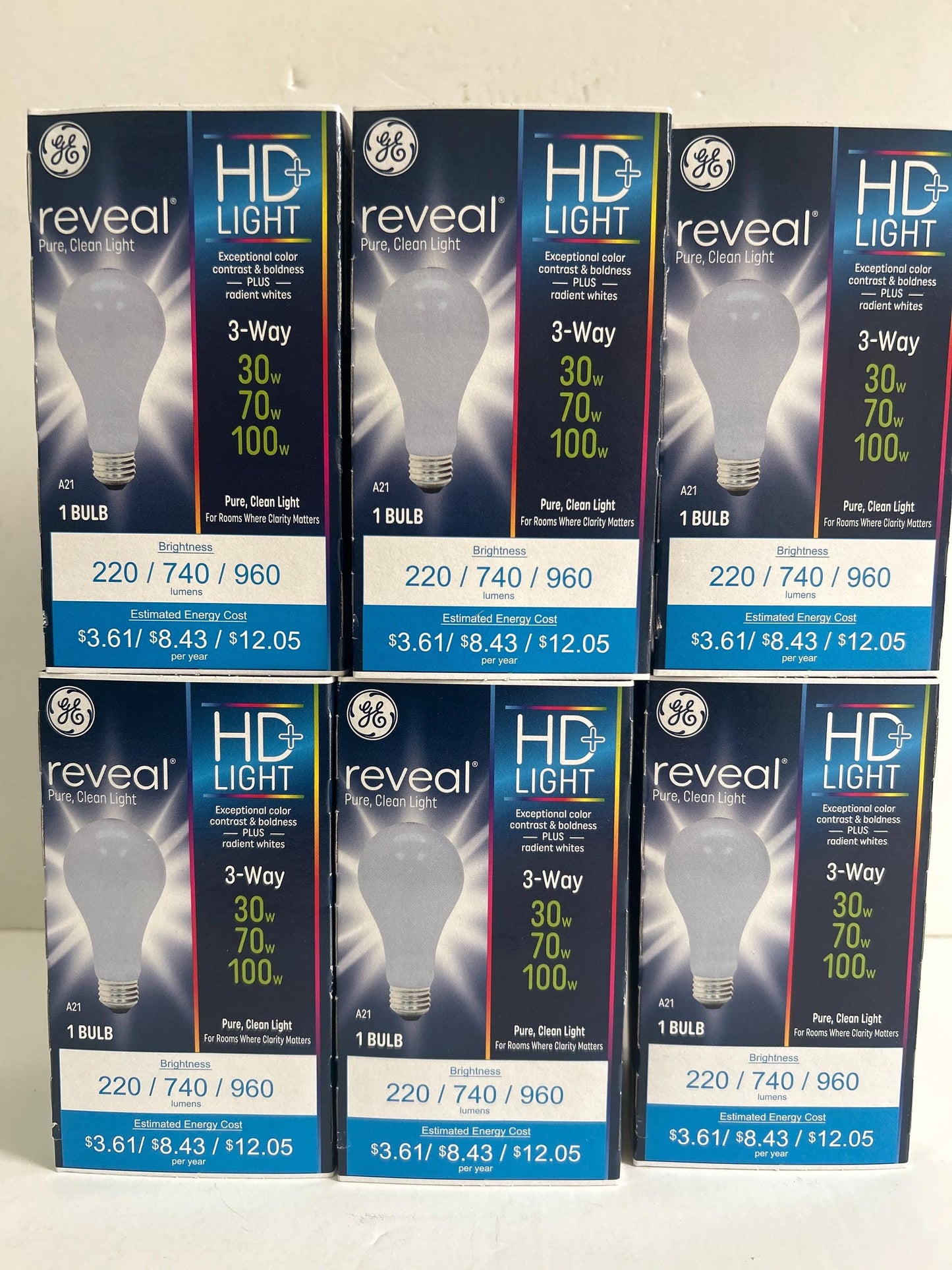 GE Reveal A21 Light Bulbs: 3-Way, Old Style, 30/70/100W (Case of 12)