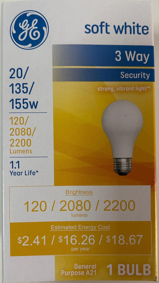 GE 3-Way Soft White Light Bulb: 20/135/155W A21, E26 Base