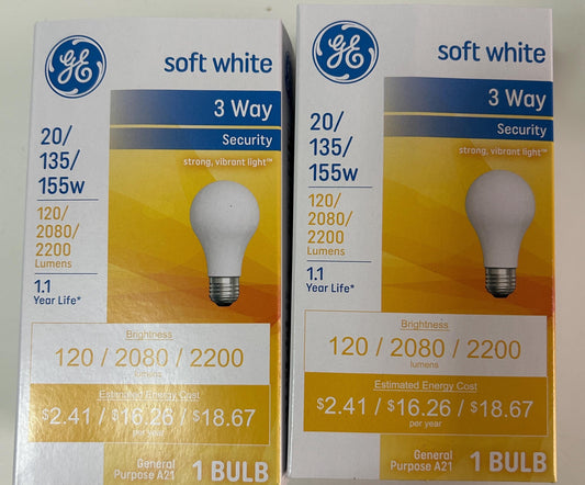GE 3-Way Soft White Light Bulb 20/135/155W A21 - 2 Pack
