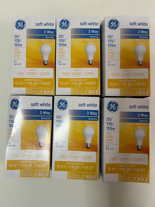 GE 3 Way Soft White Light Bulb 20/135/155w A21 Shape Old Style Basic of 6  pack light bulbs