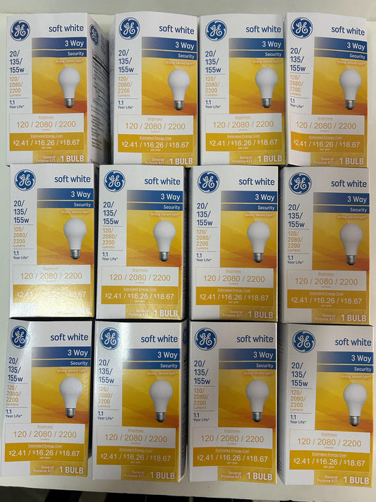 GE 3-Way Soft White Light Bulb: 20/135/155W, A21, 12-Pack