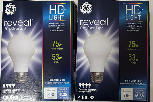 GE Reveal HD 75W Equivalent Light Bulbs: 53W, 790 Lumens, 8-Pack