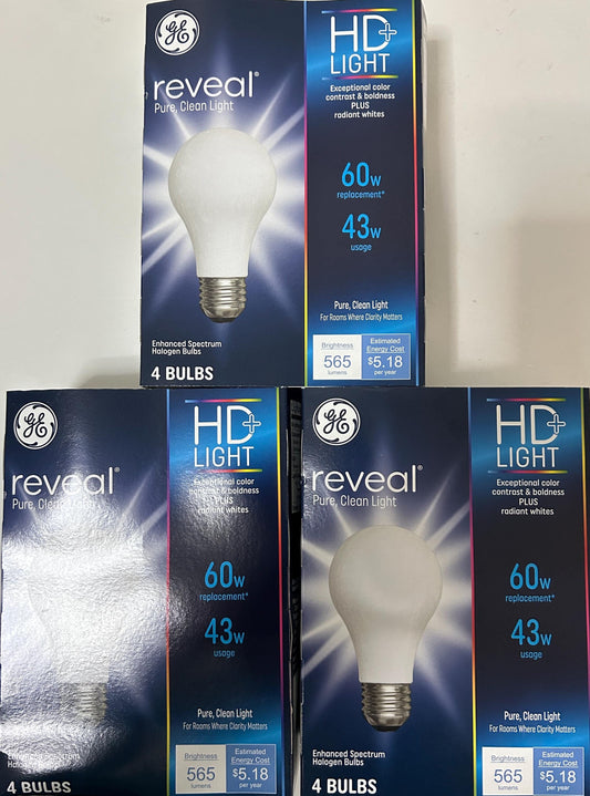 GE Reveal HD 60W Equivalent Light Bulbs: 43W, 565 Lumens, 3 Packs of 12
