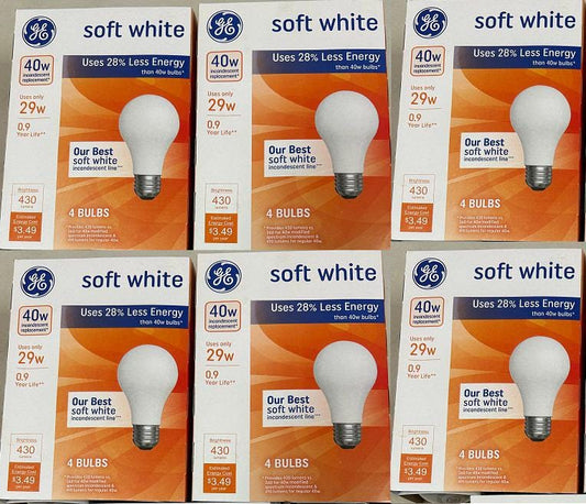 GE 40watt Soft White A19 Replacement 24 light bulbs uses only 29w less energy