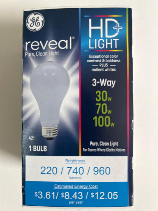 GE Reveal - A21 - 3 Way Light Bulbs - 30/70/100w - 1 Pack of Old Style Bulbs