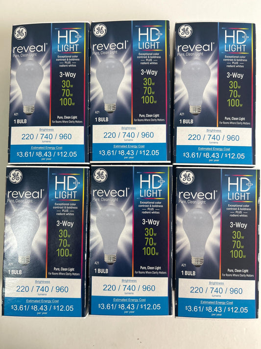 GE Reveal 3 Way Light Bulbs - 30/70/100w - A21 - 6 Packs of Old Style Bulbs
