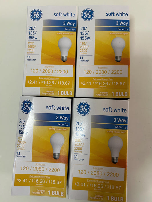 GE 3-Way Soft White Light Bulbs: 20/135/155W A21, 4-Pack