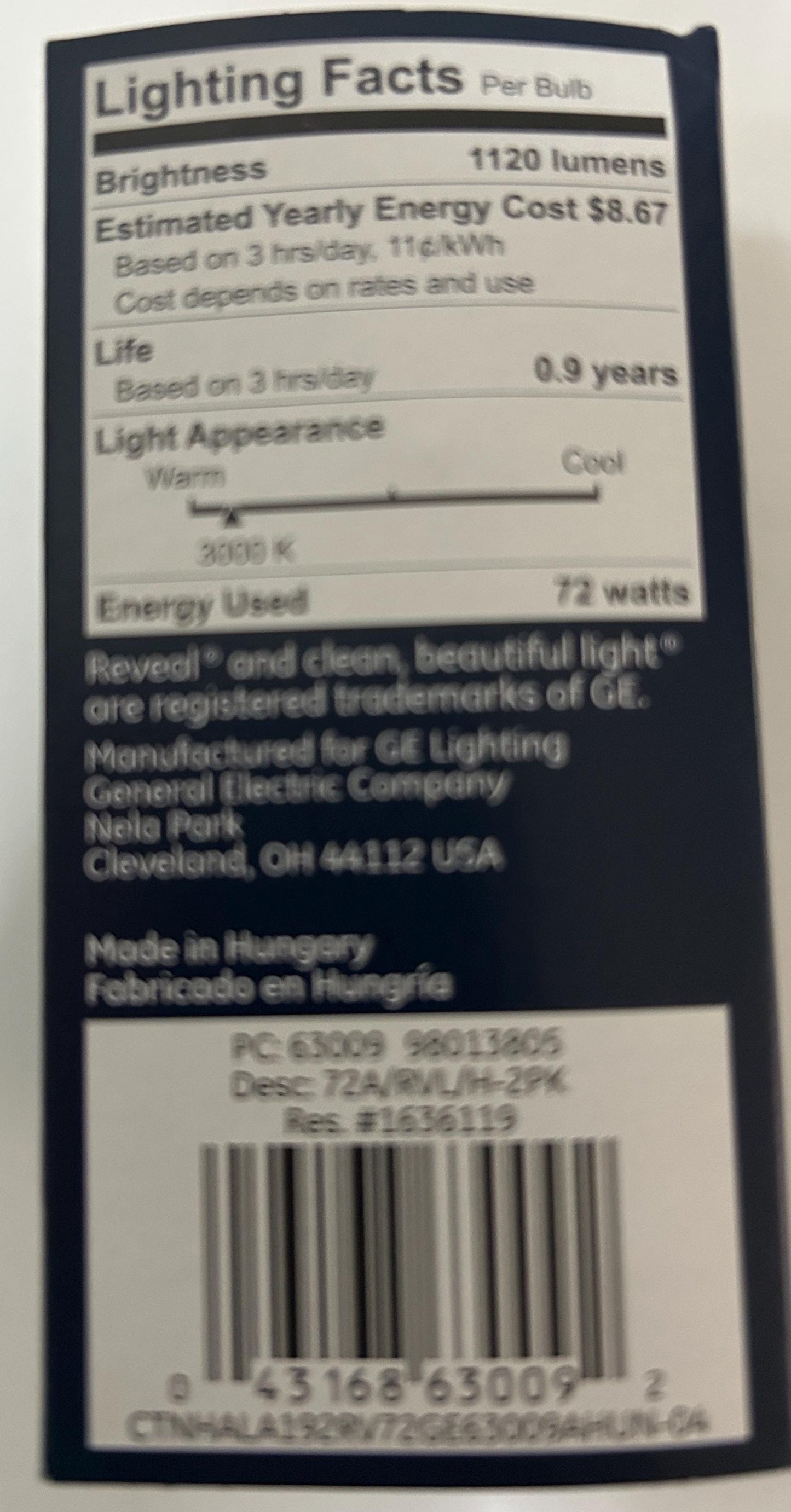 GE Reveal 100W Equivalent Light Bulbs: 72W, 1120 Lumens, 3000K, A19