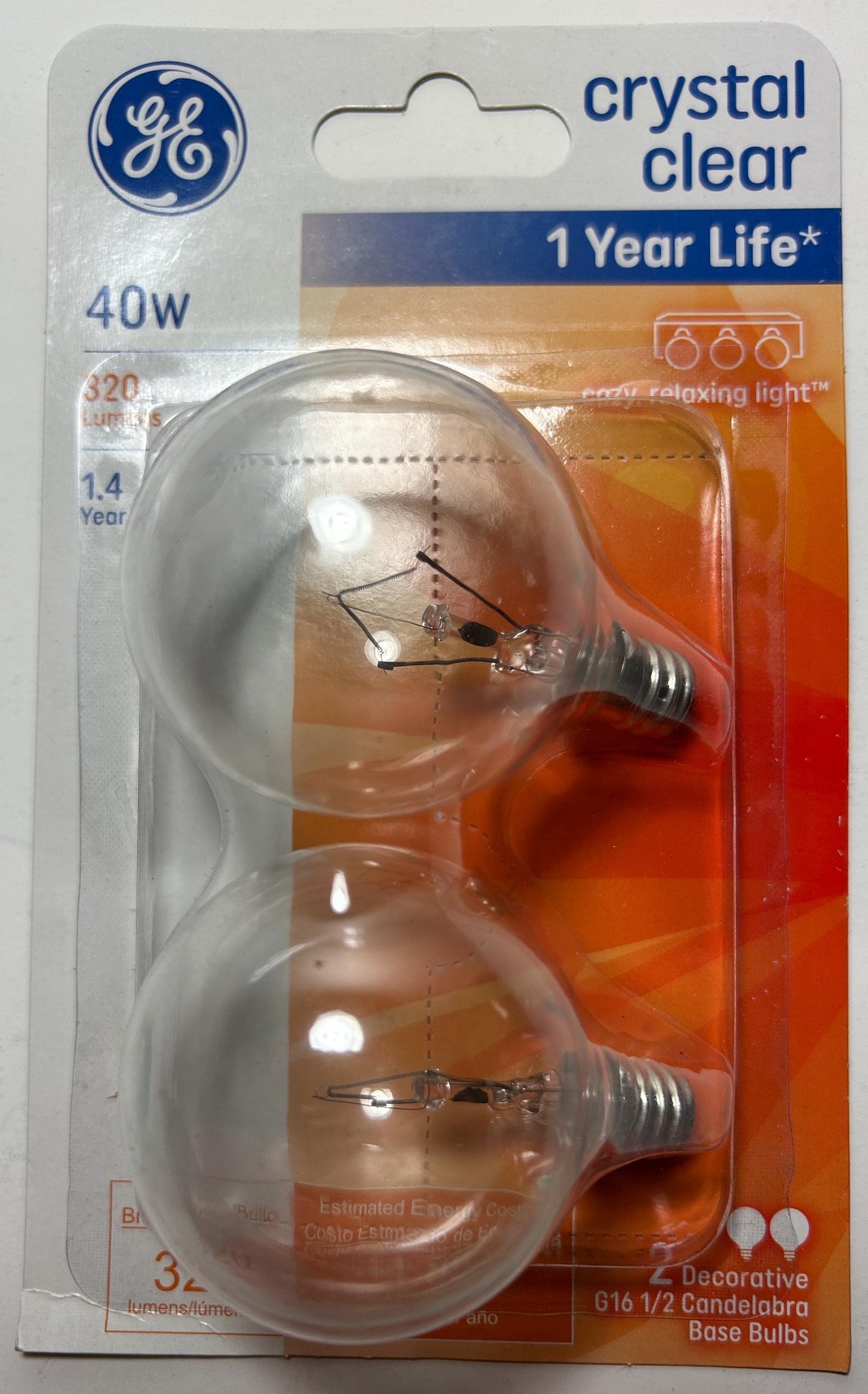 GE Crystal Clear Globe Light Bulbs: 40W E12 Candelabra Base, Dimmable, 2-Pack