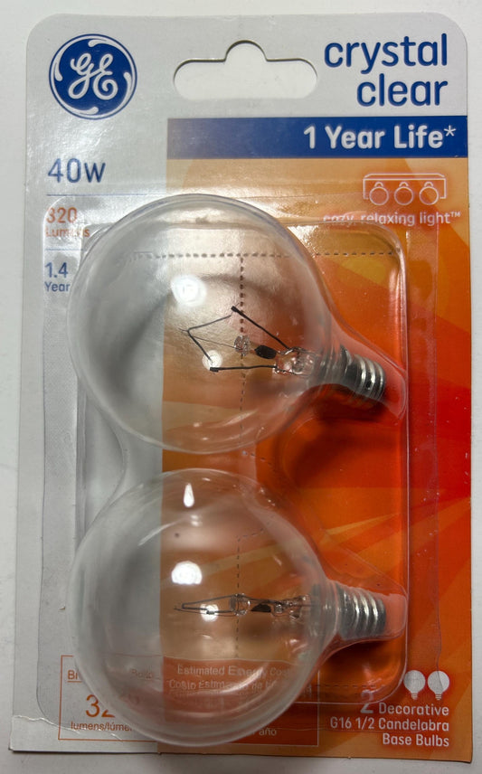 GE Crystal Clear Globe Light Bulbs: 40W E12 Candelabra Base, Dimmable, 2-Pack