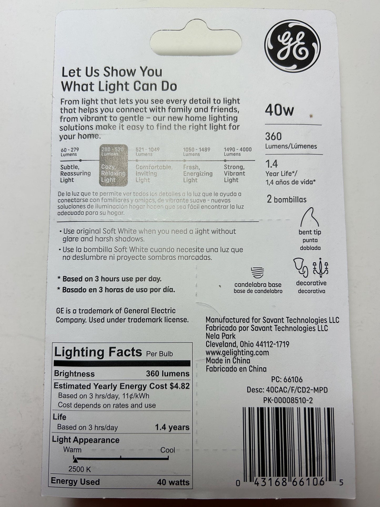 GE 40W Soft White Candelabra Bulbs: E12 Intermediate Base, 360 Lumens (2-Pack)