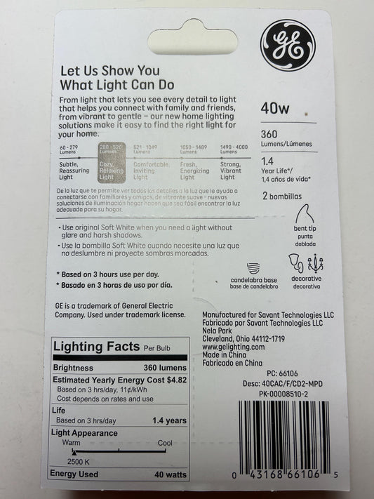 GE 40W Soft White Candelabra Bulbs: E12 Intermediate Base, 360 Lumens (2-Pack)
