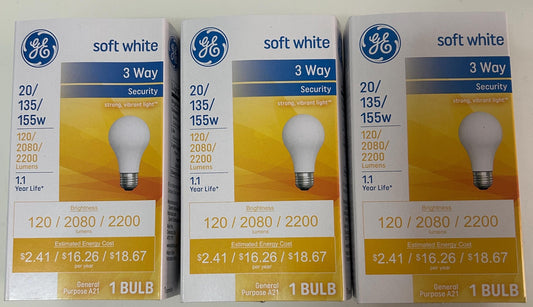 GE 3 Way Soft White Light Bulb 20/135/155w A21 Shape Old Style Basic 3 Packs of light bulbs